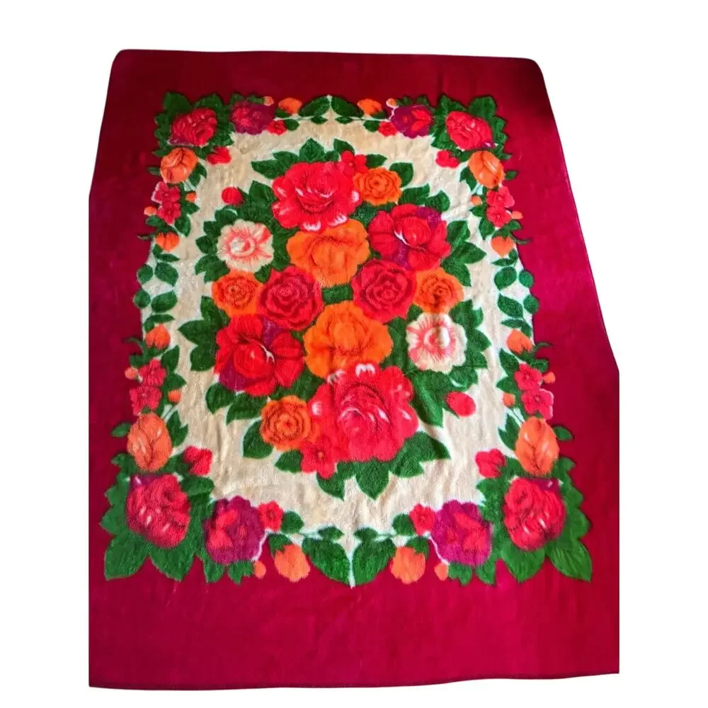 Vintage Wonu Korean mink reversible blanket vibrant red rose floral 73x88”